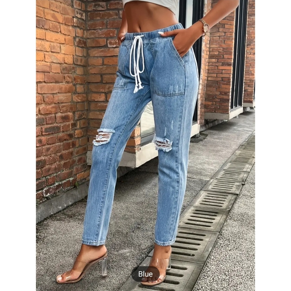 NWT Women's Light Blue Distressed Drawstring Denim Jeans - Picture 2 of 3